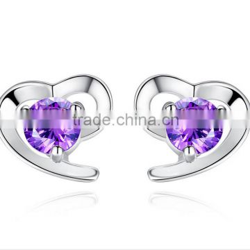 925 sterling silver real pure amethyst heart shaped fancy design korean crystal earring