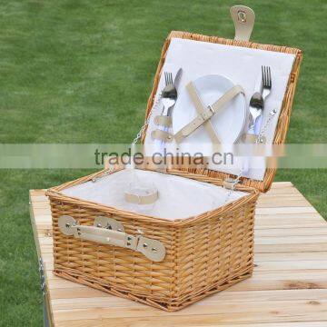 2 Person Willow Wicker Picnic Basket Hamper with Dinnerware Handle Liners