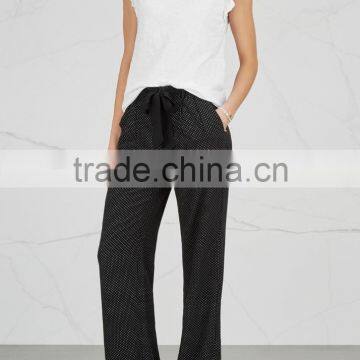Wholesale Women Apparel Polka-dot Print Belt Loops Waist Tie Black Silk Trousers(DQE0364P) photo-3