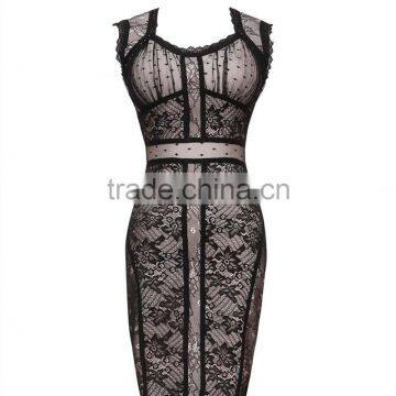 2015 New Elegant Fashion Black Lace Bandage Print Dress Bodycon Cute Girl Evening Party Dress