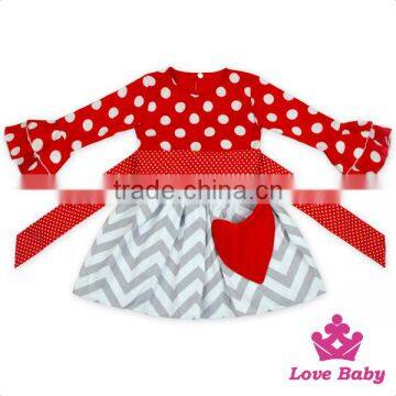 48BQA145Yiwu Lovebaby red dot long sleeve top ruffle Valentine's Day heart print dresses for girls of 10 years old