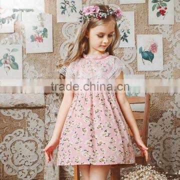 S60729B 2017 Printed Lace Neckline Children Floral Sleeveness Dress