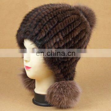 Knitted pattern top grade mink fur weaven earflap hat with big poms