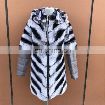 New Hooded Long style Rex Rabbit Fur Chinchilla Jacket Coat for Women Dyed Fur Garment