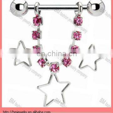 star dangled nipple piercing jewelry with gems pink in surgical steel