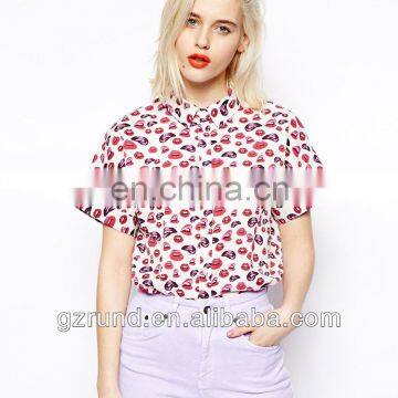 2014 Shirt in Short Sleeve Boxy Shirt in Lip Print polo-neck chinese supplier custom tshirt design for women model-cp204