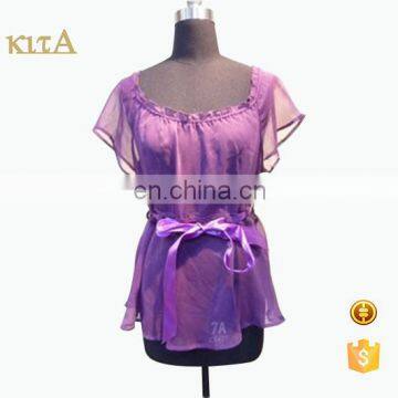 Women Fashion Summer Slim Belt Purple Short Sleeve Peplum Chiffon Blouse