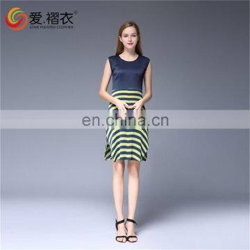Cheap Fashion Women Clothing Side Slip Sweet Short Pleated Jiont Stripe Dress Slit up Dress photo-3