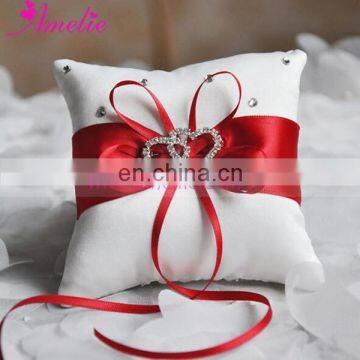 Wholesaler Factory Sell Pure Handmade Bridal Ring Pillow Satin Cloth Bow Ribbon Double Central Rhinestone Ring Bearer Pillow