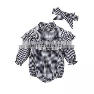 Plaid pattern full sleeve romper Jumpsuit with headband beautiful Girls Daily Wear wholesale price