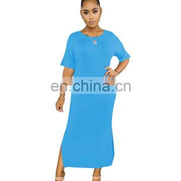 Wholesales Best Seller Women Solid Color Casual Long Dresses Ladies Split O-Neck Dresses Women Summer Dresses photo-3