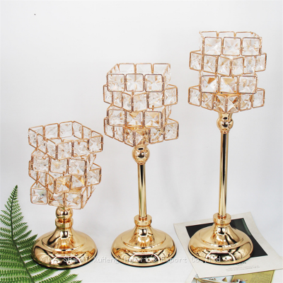 European Crystal Rubik's Cube Candlestick Golden Iron Hollow Ornaments Crafts Romantic Candlelight Dinner Wedding Ornaments