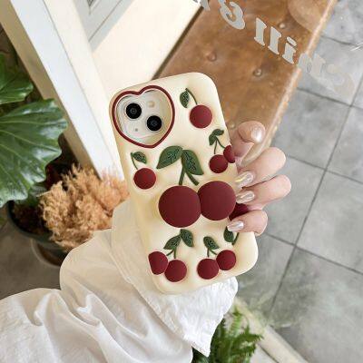 Fashion Cute 3D Cherry Bracket Soft Silicone Phone Case for iPhone 13 12 11 14 15 Pro Max on iPhone 14Pro 15Pro Back Cover