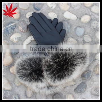 Ladies winter leather gloves with genuine fox fur trimed