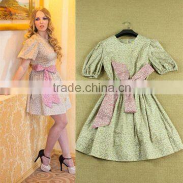 Hot selling newest designs 2014 pastoral style puff sleeve mini floral dresses with belt for pretty women