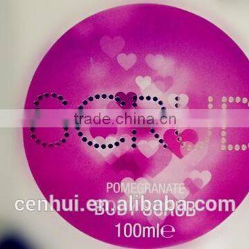 2015 customize beautiful pink round adhesive words printing sticker for cosmetics