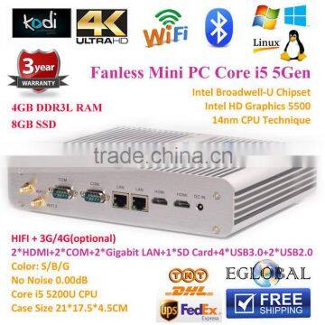 4K HTPC Core i5 5200U Industrial Fanless Mini Computer 2 RS232 COM 2 HD-MI Display 4G RAM 8G SSD 2Gigabit LAN Mini PC Windows8.1