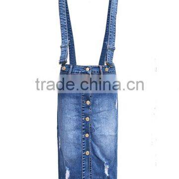 girls fashion women elastic straps skinny ripped front button denim jeans suspender skirt