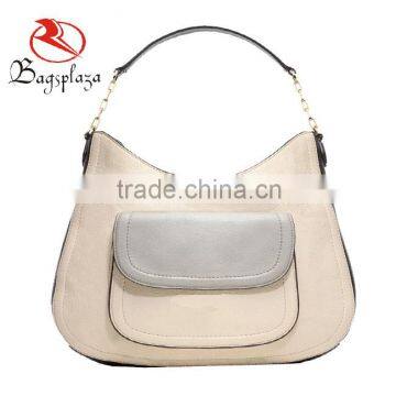 Simplicity Double Pocket Beige Plain Leather Tote Bag,Genuine Leather Handbag