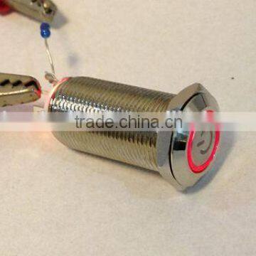 Flat Round Ring Illuminated Latching Waterproof Metal Push Button Switch 12mm Engraved Power Symbol