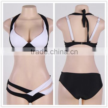 Latest Fashion 5 Colors Full Size Black And White Cross Strap Halter Bikini Swimwear 2016