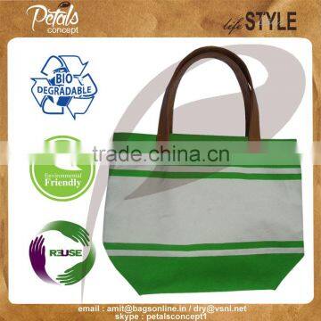 Stripe Print PU Handle Cotton Canvas Beach Bag photo-3