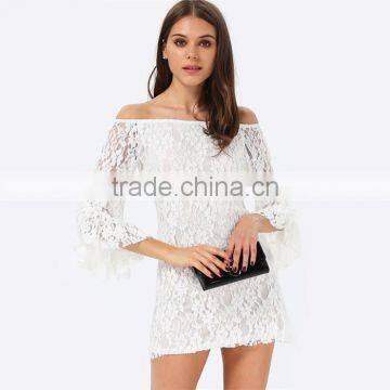 2015 Summer Women Fashion White Three Quarter Sleeve Off The Shoulder Slash Neck Hollow Crochet Lace Cute Mini Dress