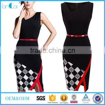 women Elegant Patchwork Sheath Sleeveless Business Woven Printed Dress with belt