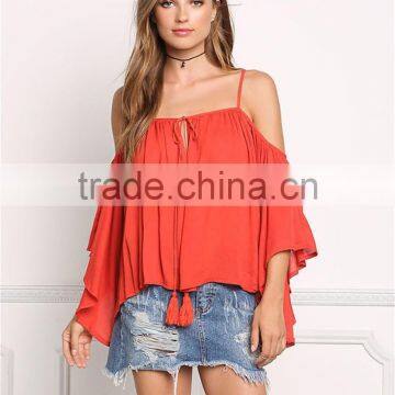 MGOO 2017 New Style Beach Casual Linen Red Blouses Viscose Tie Up Tunic Loose Style Fashion Off Shoulders photo-2