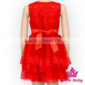 Children 1-6 Years Old Teenage Girl Frock Design Plain Red Lace Baby Girl Little Princess Party Flower Puffy Dress