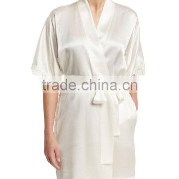 Wholesale & Custom Short Kimono Robe, Wrap Front Silk Satin Robe, Lace Trim Short Robe photo-2