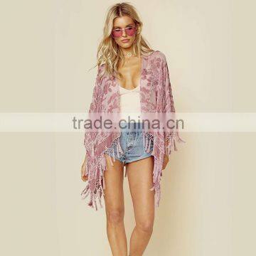 Burnout Rayon Velvet Kimono With Tassels Fringed Bohemian Gypsy Kimono photo-3