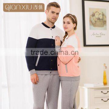 2017 New Qianxiu Winter Long Sleeve Open Front Buttons Down Comfort 100 Cotton Couples Nightwear