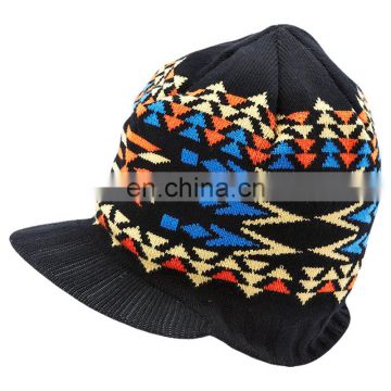 Custom colorful jacquard knitted beanie hats with short visor pattern