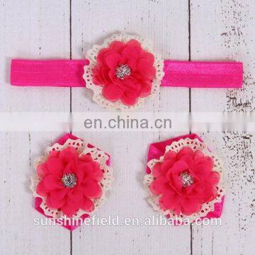 Barefoot Baby Sandals with Two Pearl With Rhinestone Tulle Flowers Matching headband