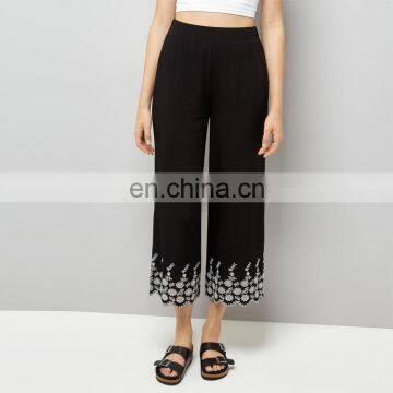Black Floral Embroidered Hem Cropped Trouser For Women