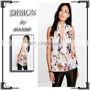 Wholesale Women Clothing Floral Cut Out Neck Wrap Blouse Sleeveless Laides Top