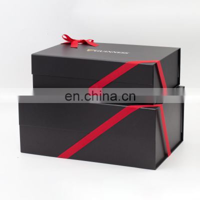 Large size packaging box with custom logo matte black with ribbon packing box for clothing products garment shoes storage box