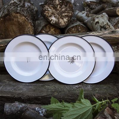 Custom vintage design black color logo camping metal flat dessert white plate with blue rolled rim