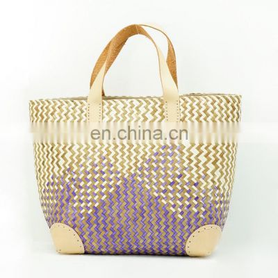 Leather Shoulder Seagrass Handbag Top handle bags 100% Nature Straw Woven Tote Bag Wholesale