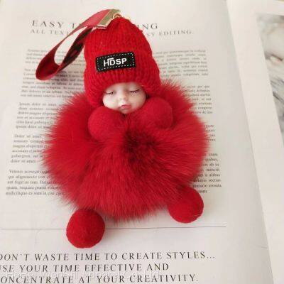 D88Wholesale custom plush keychain Fur ball keychain Pom Pom Sleep baby keychain Handmade bag Charm luxury plush doll car keychain