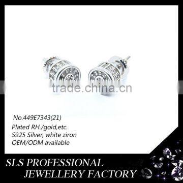 Hip-hop jewelry single stone screw back white gold plated 925 sterling silver earrings for men