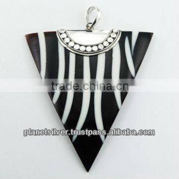 Black Shell Triangle Resin Filled Lines Ornate Silver Clasp