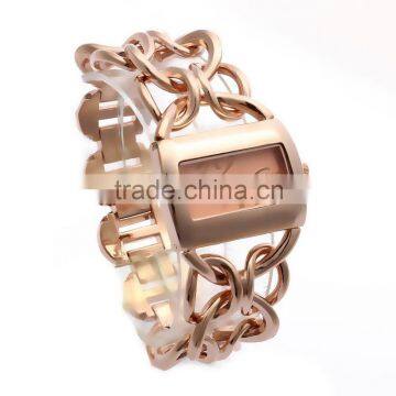 Women's Rose Gold-Tone Metal Interlocking Chain Bracelet Watch Ladies Wrist Watch