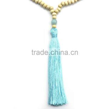 Original Natural Wood Beads Jade Stone Long Tassels Beaded Necklace photo-2