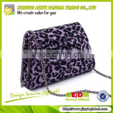 2013 purple leopard flocking ladies evening bag with chain handle hard case evening bag