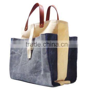 Custom high quality waxed canvas tote bag leather handle