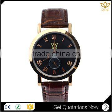 China supplier coffee leather black dial stainless steel back quartz watch man Y010