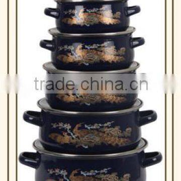 Full Phoenix Decal Dark Navy Blue Double Handle Enamel Cookware Set Kitchenware Enamel Pot 5 Pcs Stock Belly Pot With Glass Lid