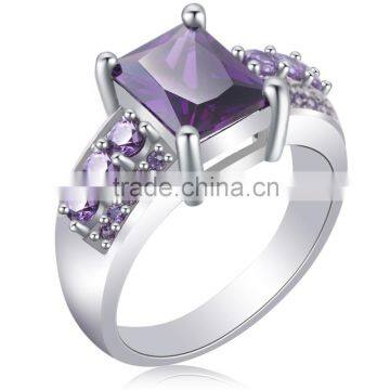 White Gold Filled Large Square Amethyst Wide Ring Engagement Wedding Ring For Bride